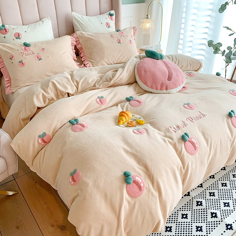 Peach Girl Velvet Four-Piece Double-Sided Coral Flannel Bed Set - Harmony Gallery