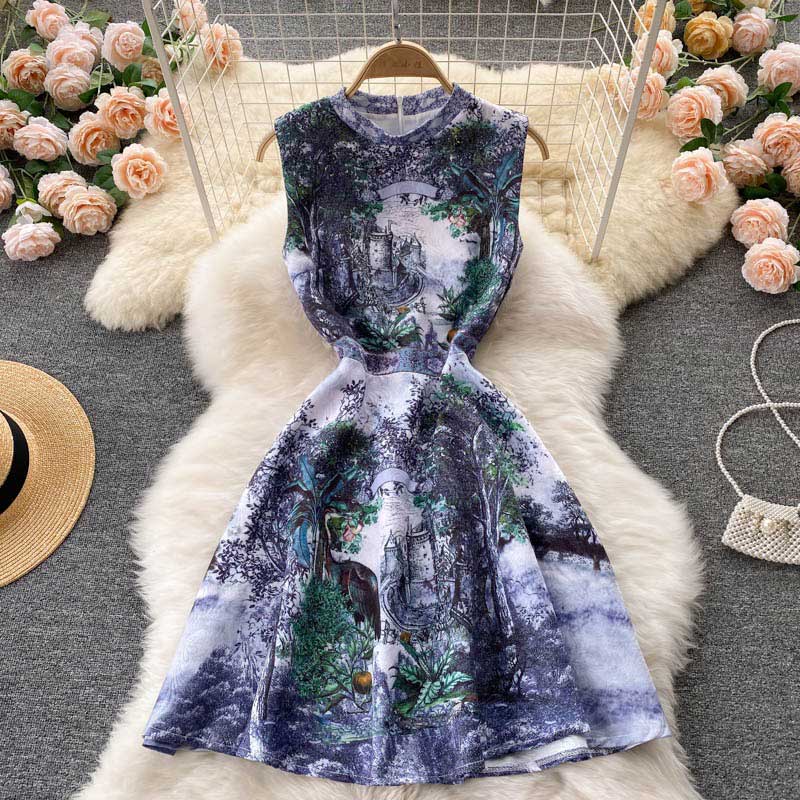 Retro Luxury French Printed Summer Women's Dress - Harmony Gallery