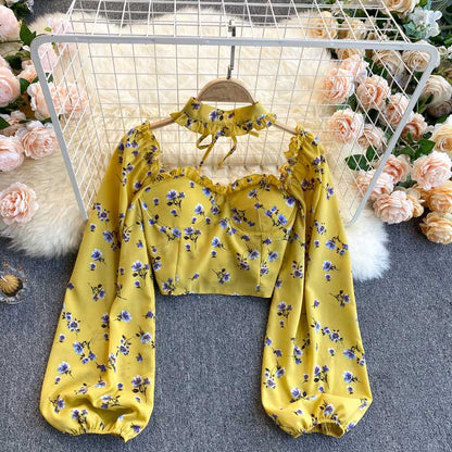 Mori Sweet Floral Puff Sleeve Halter Chiffon Women's Top - Harmony Gallery