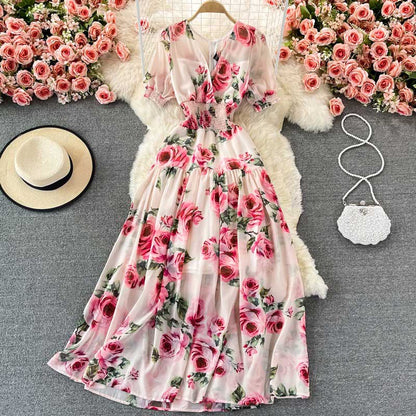 Super Fairy Retro Rose Print Seaside Holiday Elegant Women's Dress - Harmony Gallery