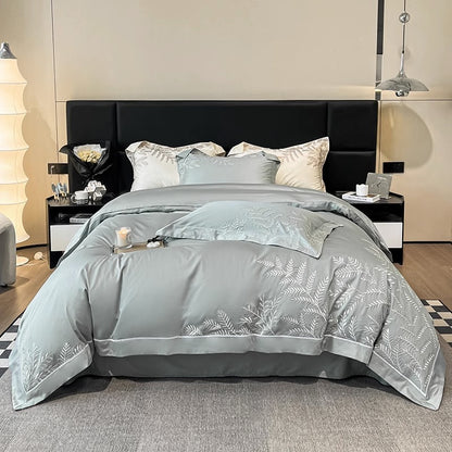 Long-Staple Embroidery Four-Piece Wide-Edged Solid Color Bed Set - Harmony Gallery