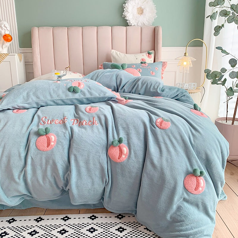 Peach Girl Velvet Four-Piece Double-Sided Coral Flannel Bed Set - Harmony Gallery