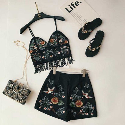 Fashion Embroidered Flower Suspender Two Piece Suit - Harmony Gallery