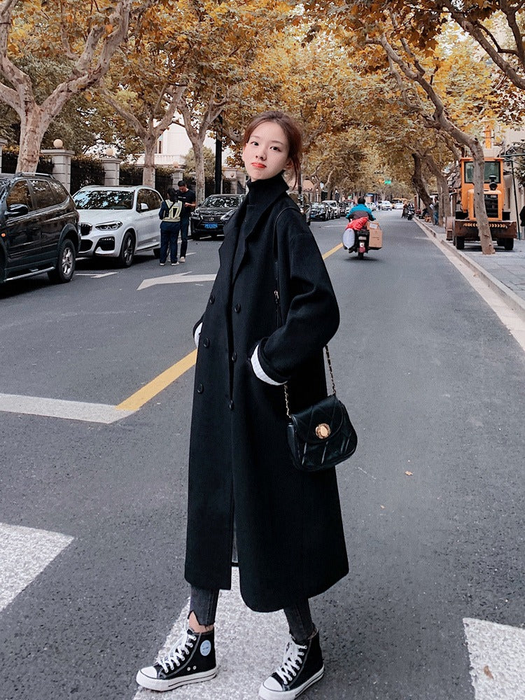 British Style Mid-Length Woolen Black Women's Coat - Harmony Gallery