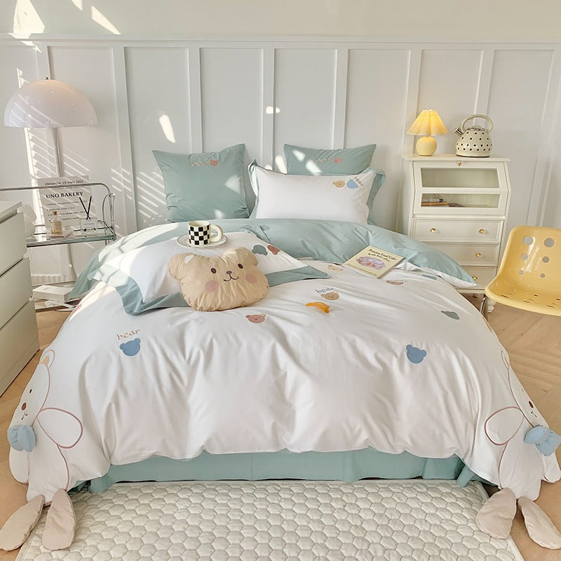 Cute Bow Bear Washed Cotton Five-Piece Cartoon Bed Set - Harmony Gallery