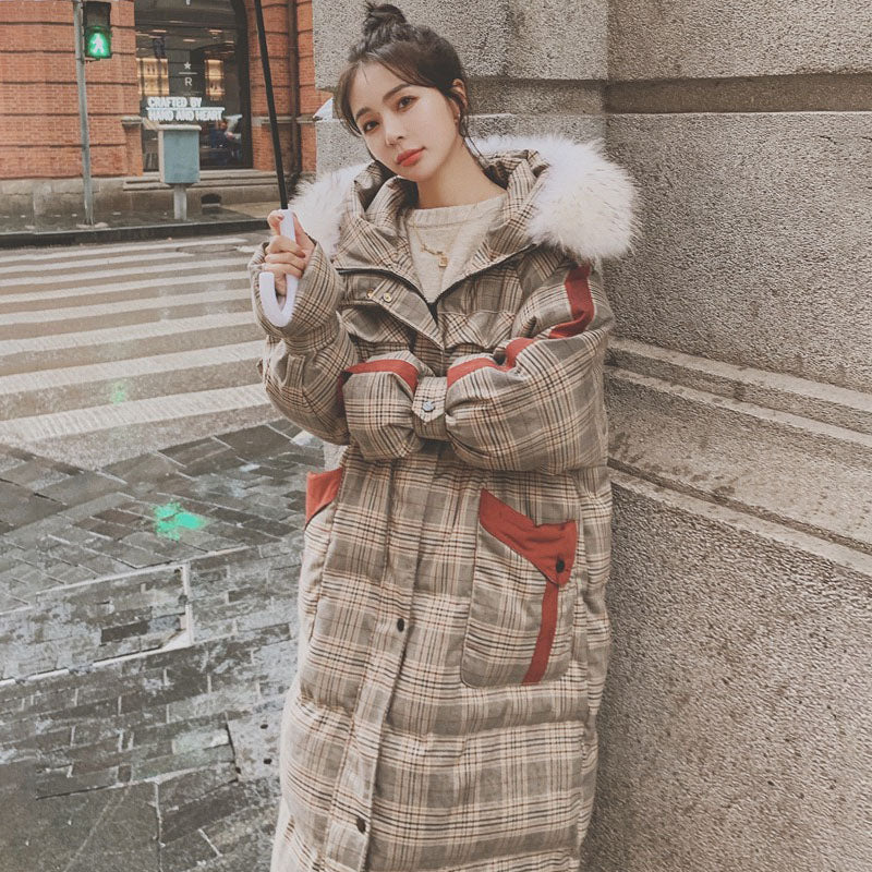 Plaid Winter Mid-Length Cotton-Padded Loose Women's Coat - Harmony Gallery