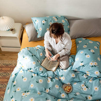 Pure Light Brushed Floral Cotton Four-Piece Bed Set - Harmony Gallery