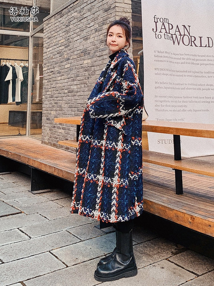 Loose plaid Tweed Woolen Mid-Length Women's Coat - Harmony Gallery