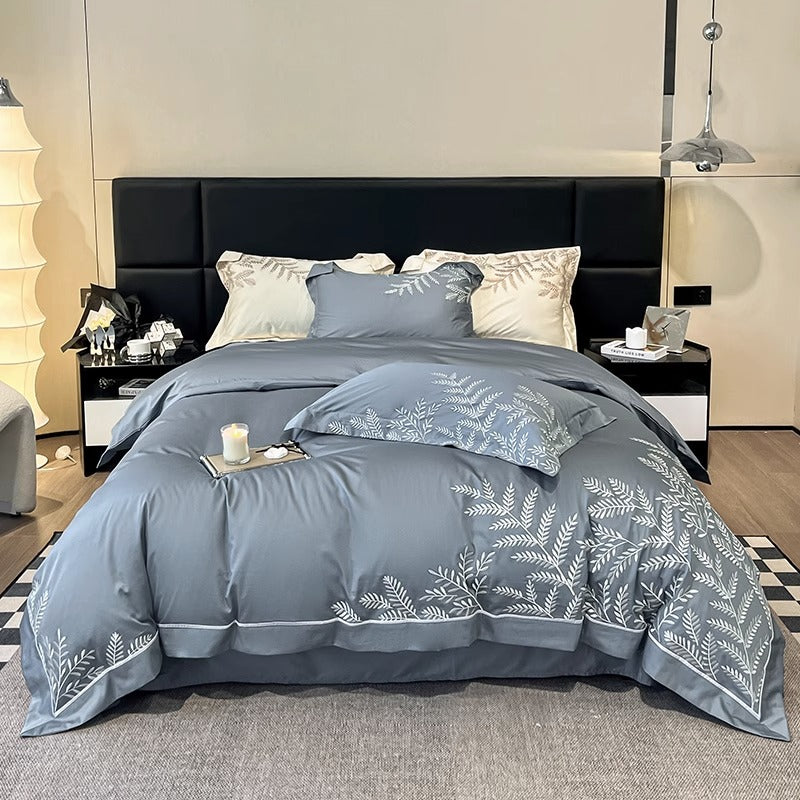 Long-Staple Embroidery Four-Piece Wide-Edged Solid Color Bed Set - Harmony Gallery