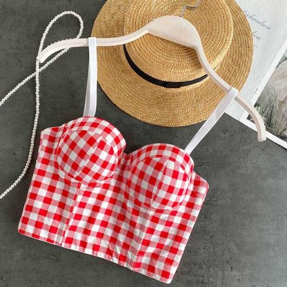 Fashion Plaid French All-Match Off-Shoulder Sling Bra Top - Harmony Gallery