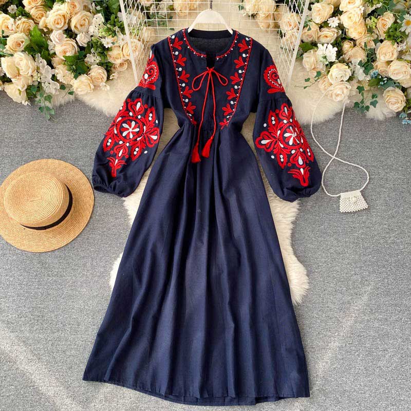 Bohemian Ethnic Style Embroidery Lantern Sleeve Women's Dress - Harmony Gallery