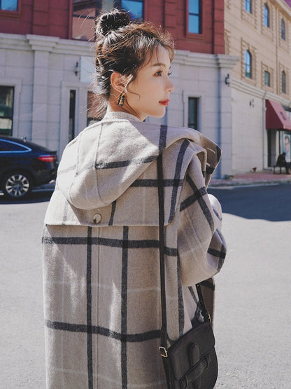 Horn Button Woolen Hooded Navy Collar Women's Coat - Harmony Gallery