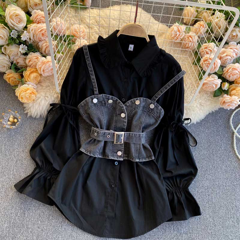 Retro Bubble Sleeve Loose Denim Camisole Women's Suit - Harmony Gallery