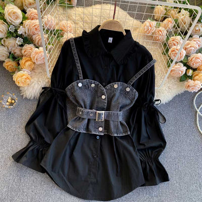 Retro Bubble Sleeve Loose Denim Camisole Women's Suit - Harmony Gallery