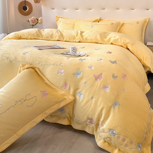 Four-Piece Warm Velvet Embroidery Plush Winter Bed Set - Harmony Gallery