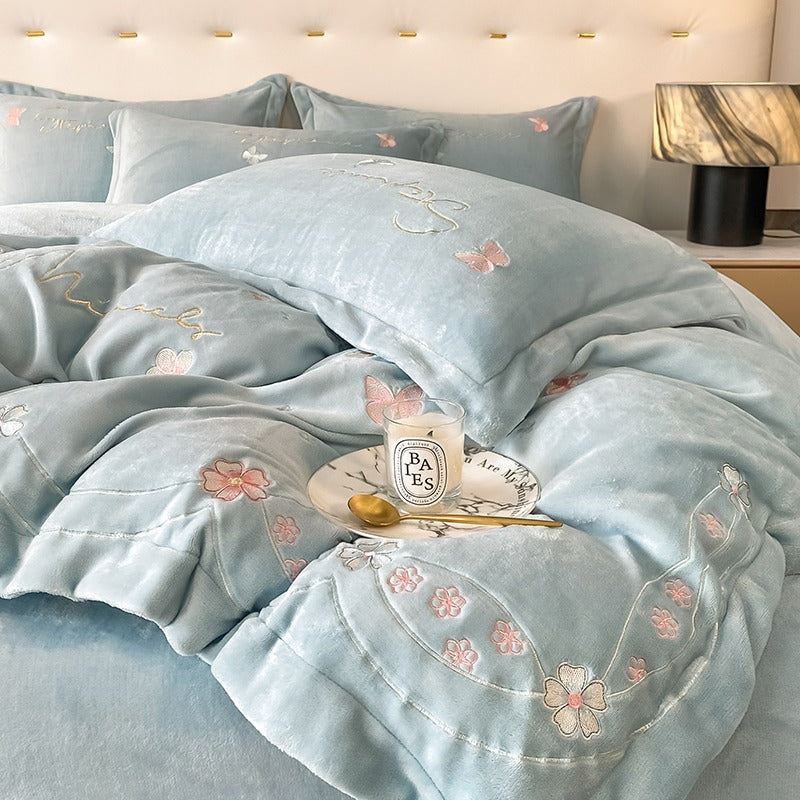 Four-Piece Warm Velvet Embroidery Plush Winter Bed Set - Harmony Gallery