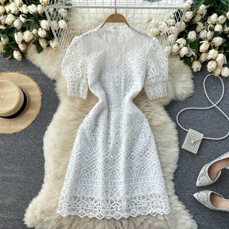 Summer Sense Hollow Puff Sleeves Slim Short Women's Dress - Harmony Gallery