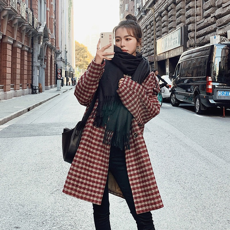 Plaid All-Match Loose Mid-Length Woolen Women's Coat - Harmony Gallery