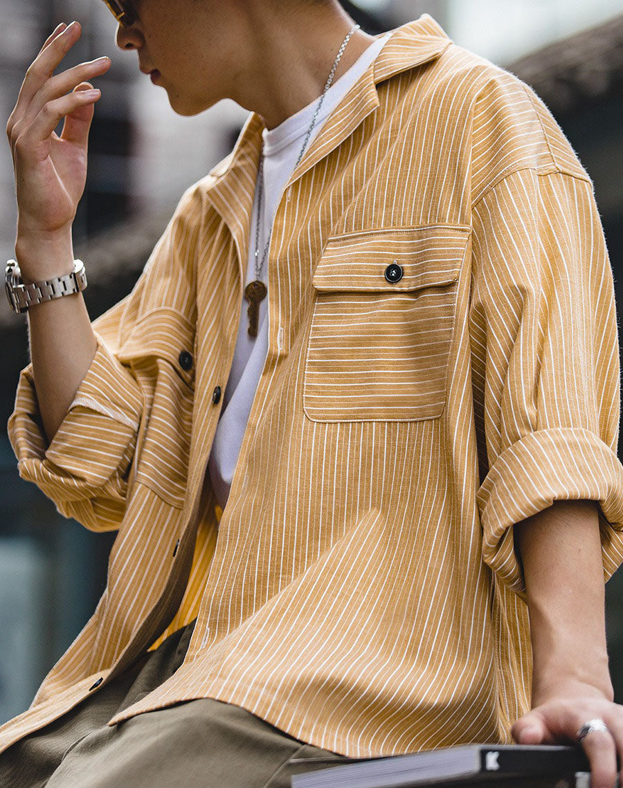 Workwear Retro Yellow Striped Vintage Men's Shirt - Harmony Gallery