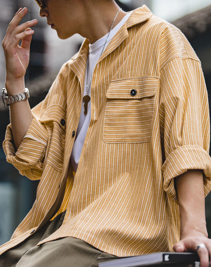 Workwear Retro Yellow Striped Vintage Men's Shirt - Harmony Gallery