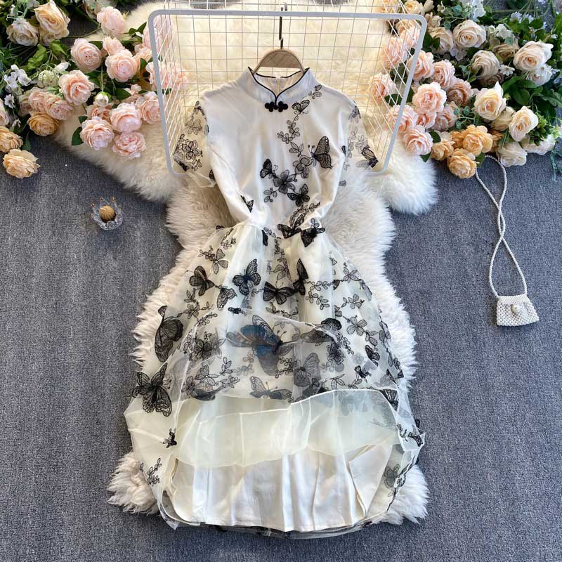 Retro Embroidery Trendy Butterfly Short Sleeved Women's Dress - Harmony Gallery
