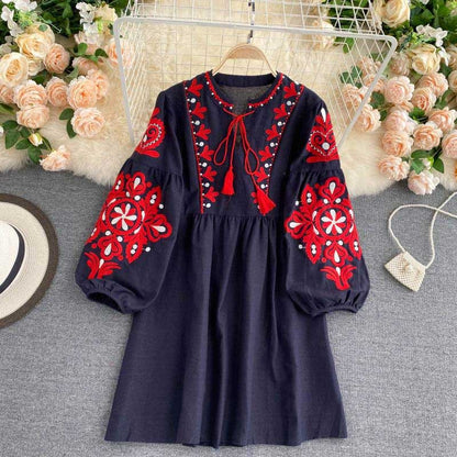 Bohemian Retro Ethnic Embroidery Lantern Short Women's Dress - Harmony Gallery