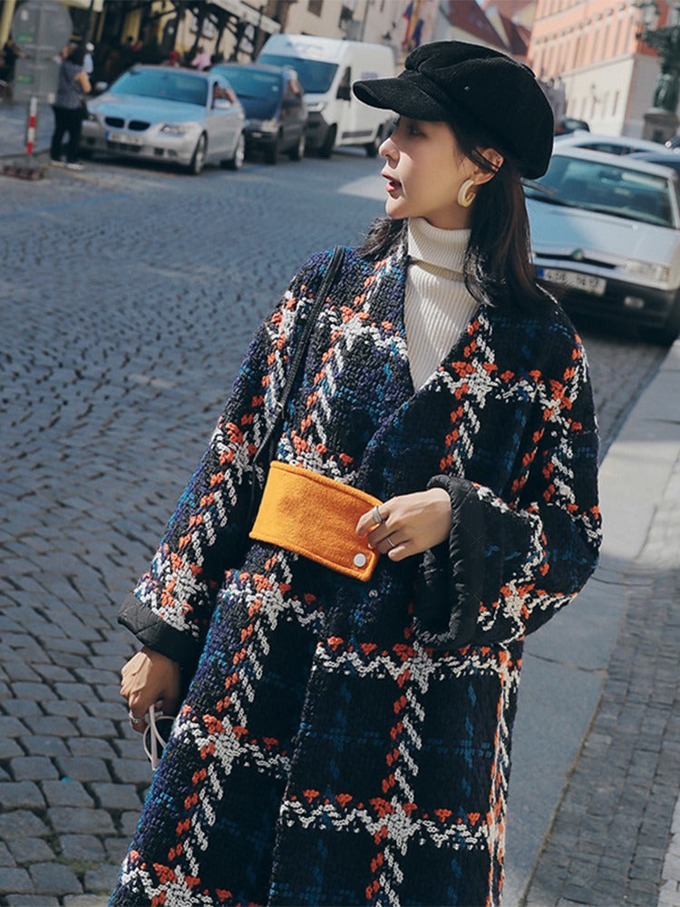 Coarse Plaid Woolen Mid-Length Loose Women's Coat - Harmony Gallery