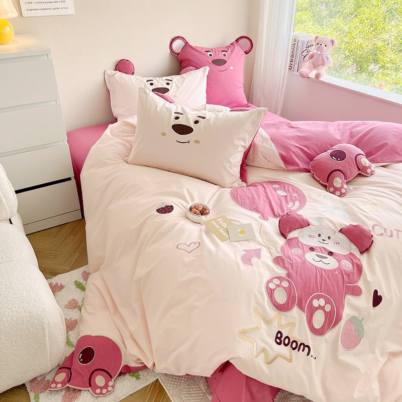 Cute Hot Air Balloon Strawberry Bear Cotton Four-Piece Bed Set - Harmony Gallery