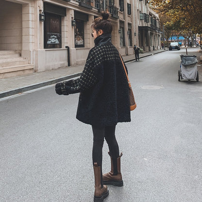Plaid Lamb Wool Short-Length Fur Padded Women's Coat - Harmony Gallery