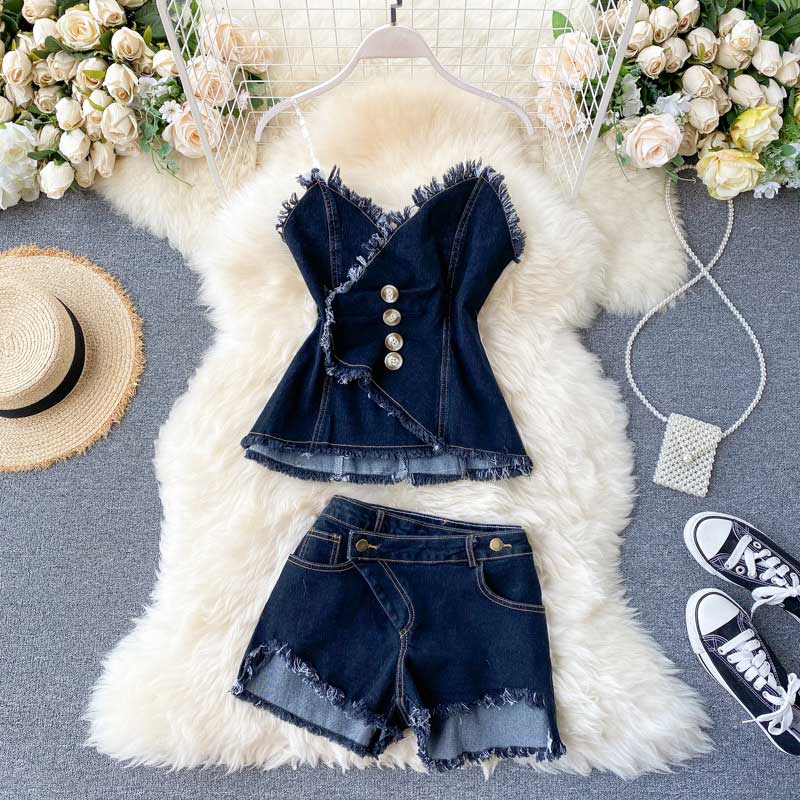 Scheming Pleated Fringed Two Piece Denim Women's Suit - Harmony Gallery