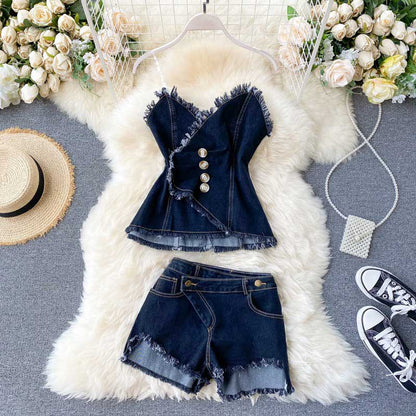 Scheming Pleated Fringed Two Piece Denim Women's Suit - Harmony Gallery