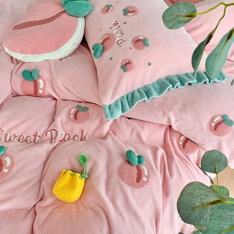 Peach Girl Velvet Four-Piece Double-Sided Coral Flannel Bed Set - Harmony Gallery