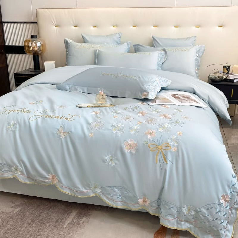 Summer Washed Ice Silk Embroidery Four-Piece Bed Set - Harmony Gallery