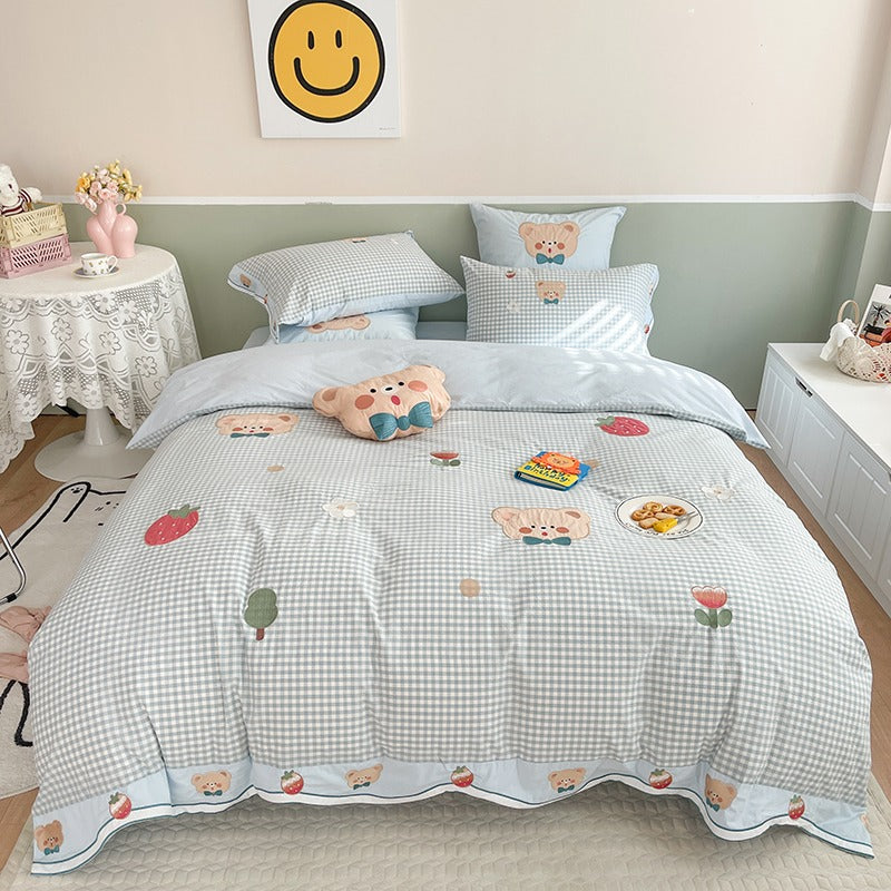 Cute Strawberry Bear Washed Cotton Four-Piece Bed Set - Harmony Gallery