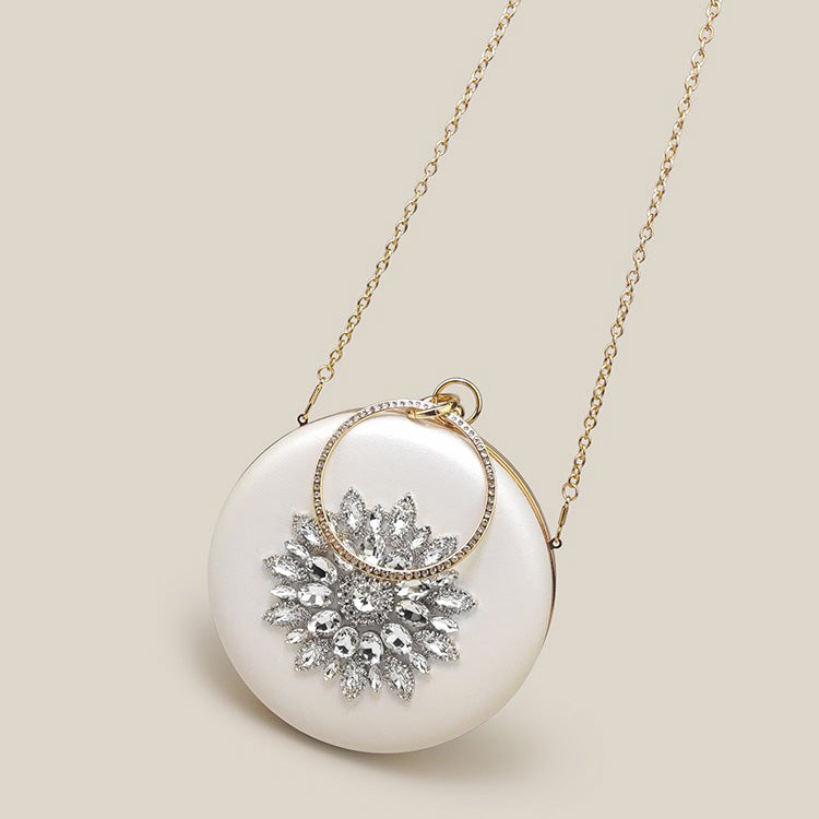 Trendy Rhinestone Round Diamond White Clutch Bag - Harmony Gallery