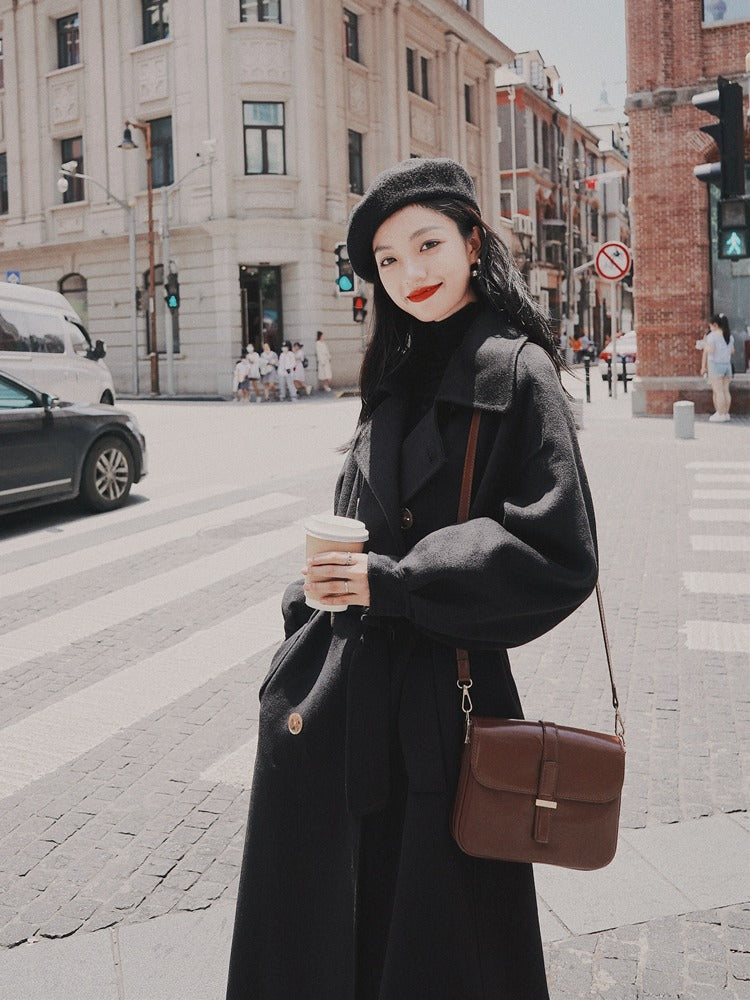 Black Hepburn Style Winter Loose Woolen Women's Coat - Harmony Gallery