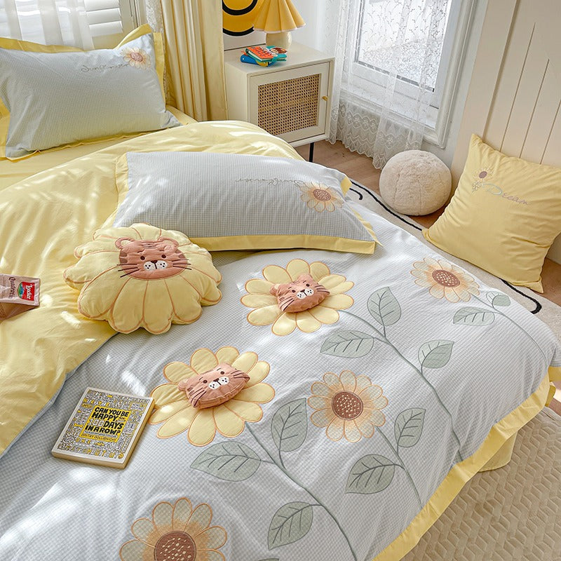 Fresh Sunflower Washed Cotton Four-Piece Cartoon Bed Set - Harmony Gallery
