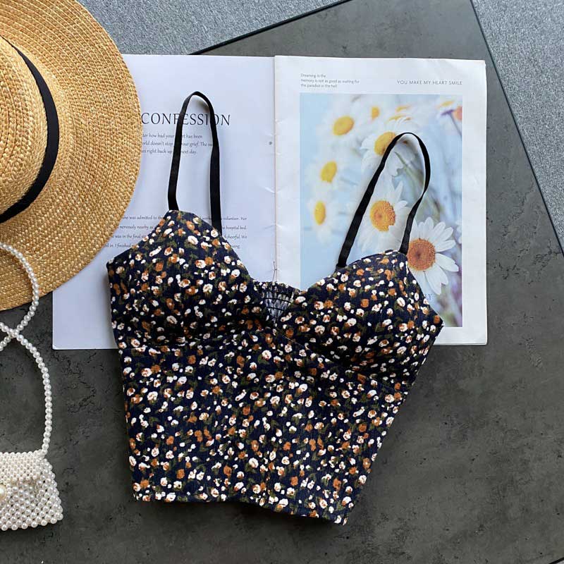 Retro Corduroy Camisole Fashionable All-Match Sexy Floral Top - Harmony Gallery
