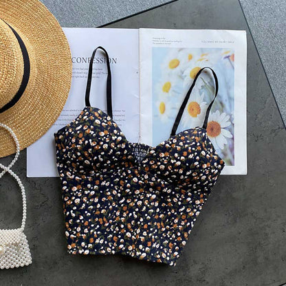 Retro Corduroy Camisole Fashionable All-Match Sexy Floral Top - Harmony Gallery