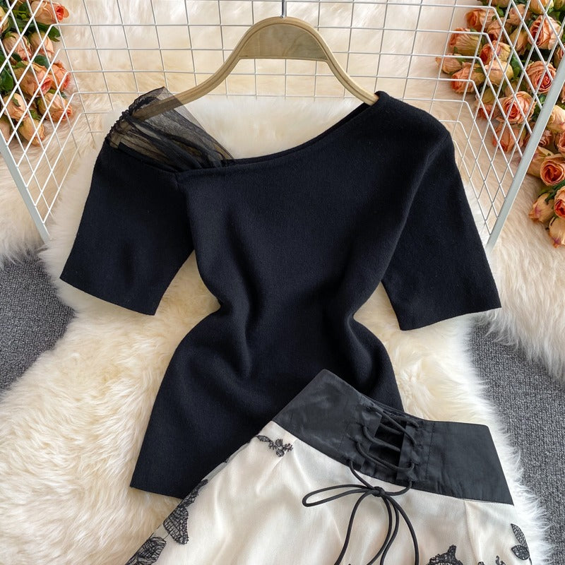 Summer Butterfly Embroidery Mesh Oblique Women's Suit - Harmony Gallery