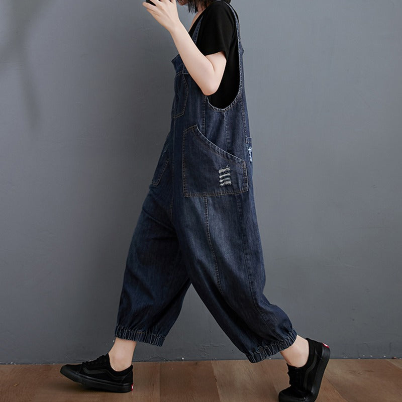 Distressed Washed Denim Harem Women's Jumpsuit - Harmony Gallery