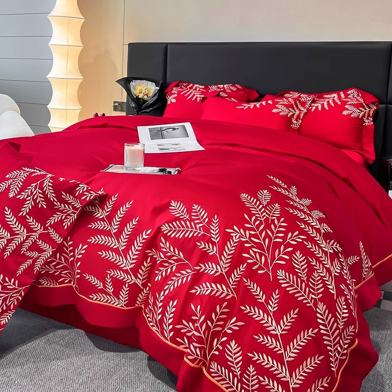 Long-Staple Embroidery Four-Piece Wide-Edged Solid Color Bed Set - Harmony Gallery