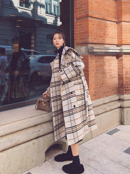 Loose Retro Plaid Mid-Length Woolen Women's Coat - Harmony Gallery