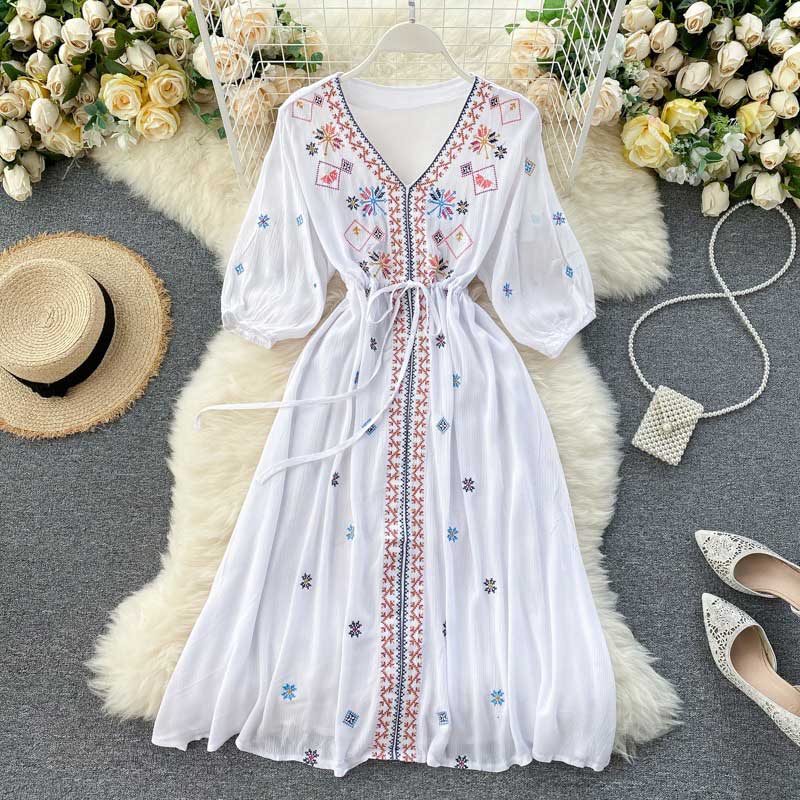 Bohemian Retro Folk Style Embroidery Women's Dress - Harmony Gallery