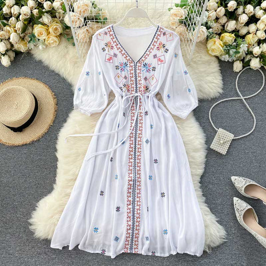 Bohemian Retro Folk Style Embroidery Women's Dress - Harmony Gallery