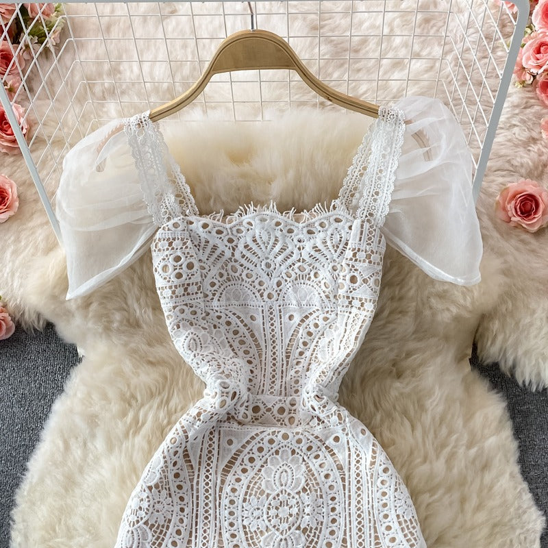 Square Neck Puff Sleeves Slim High-End Lace Women's Dress - Harmony Gallery