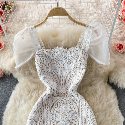 Square Neck Puff Sleeves Slim High-End Lace Women's Dress - Harmony Gallery