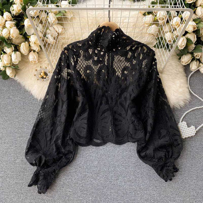 Hollow Lace-Up Temperament Stand-Up Collar Slim Women's Top - Harmony Gallery