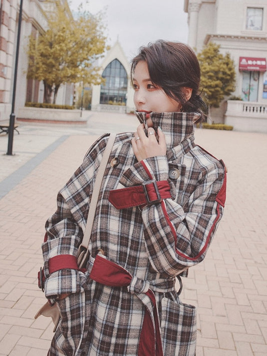 Trendy French Plaid Woolen Mid-length Women's Coat - Harmony Gallery