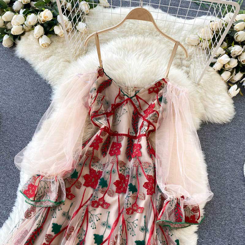 Celebrity High End Mesh Puff Sleeves Embroidery Women's Dress - Harmony Gallery